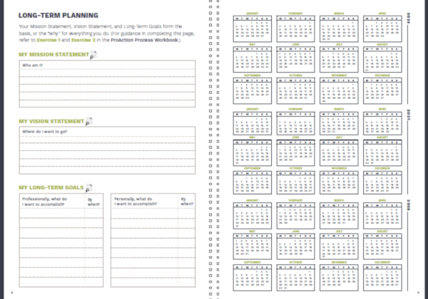Mission Vision and Long-Term Goals pages of ProAction Planner